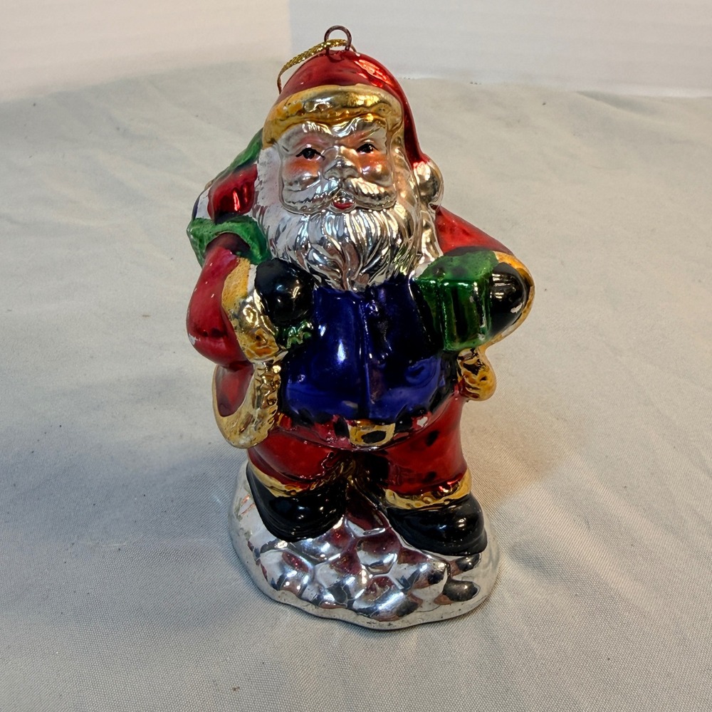 Vintage Metallic Santa Claus Christmas Ornament Red Blue Green Metal 4.5 Inch